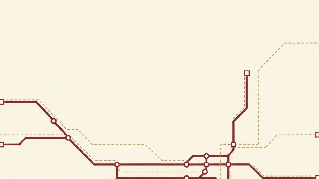 Editorial illustration of the 1963 Reshaping Report, surviving maroon routes and dashed brass closed lines