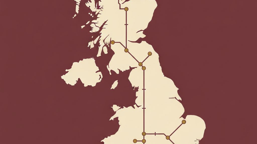 Editorial illustration of the British Railways network in 1960, maroon rail routes on a cream map of Great Britain
