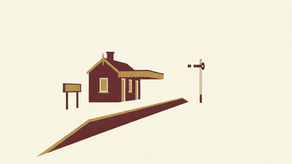 Editorial illustration of a country railway station in 1960 with platform, nameboard and semaphore signal