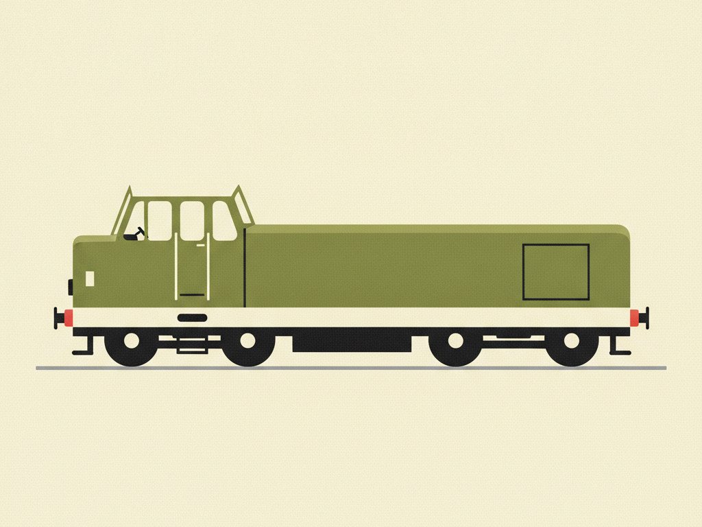 Editorial illustration of a British Railways Class 20 single-cab diesel locomotive in green livery, house-style poster art, not a photograph