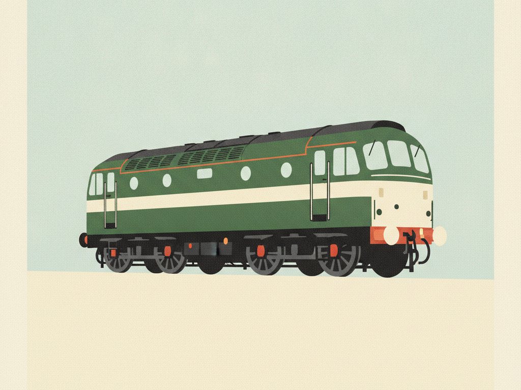 Editorial illustration of a British Railways Class 31 diesel locomotive in BR green livery, house-style poster art, not a photograph