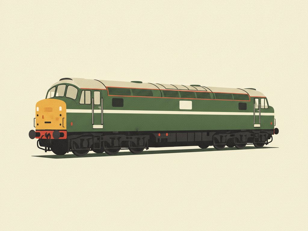 Editorial illustration of a British Railways Class 37 diesel locomotive in BR green livery, house-style poster art, not a photograph