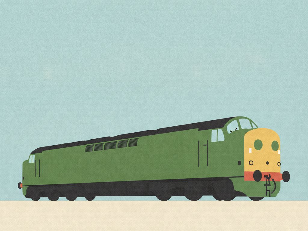 Editorial illustration of a British Railways Class 40 diesel locomotive in BR green livery, house-style poster art, not a photograph